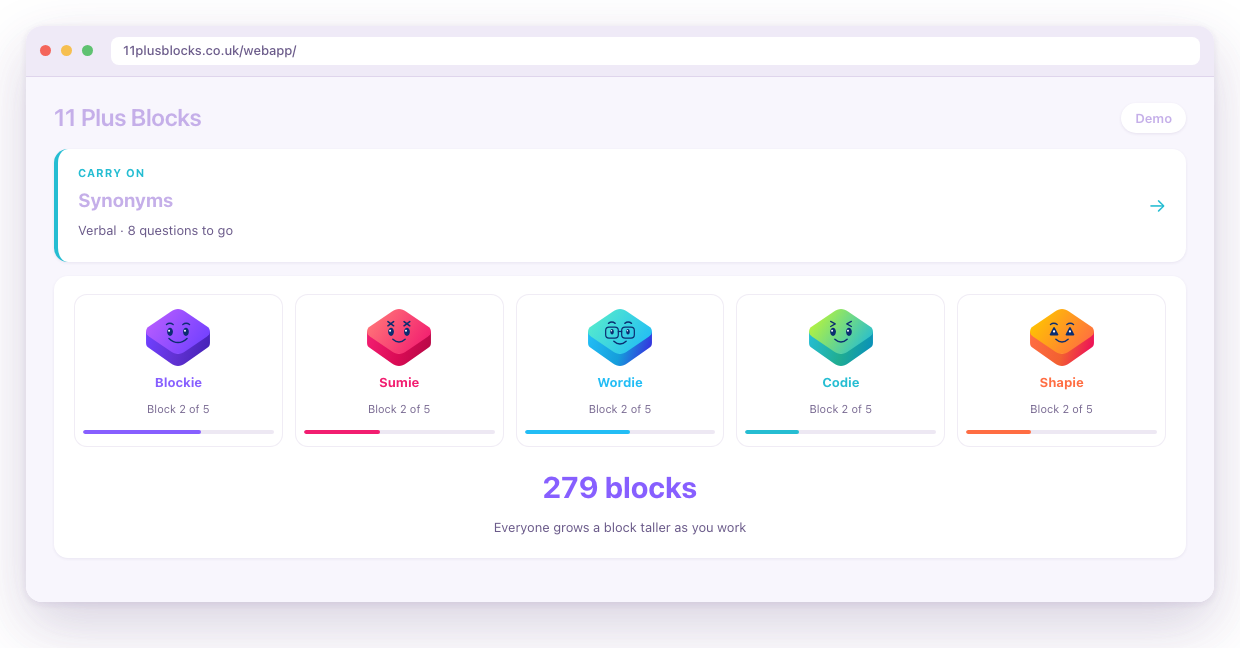 The 11 Plus Blocks practice app open in a browser, showing a Verbal Reasoning topic to carry on with and five block characters that grow taller as questions are answered.